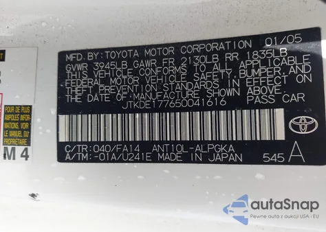 2005 Scion Tc из США, поврежденный, VIN JTKDE177650041616